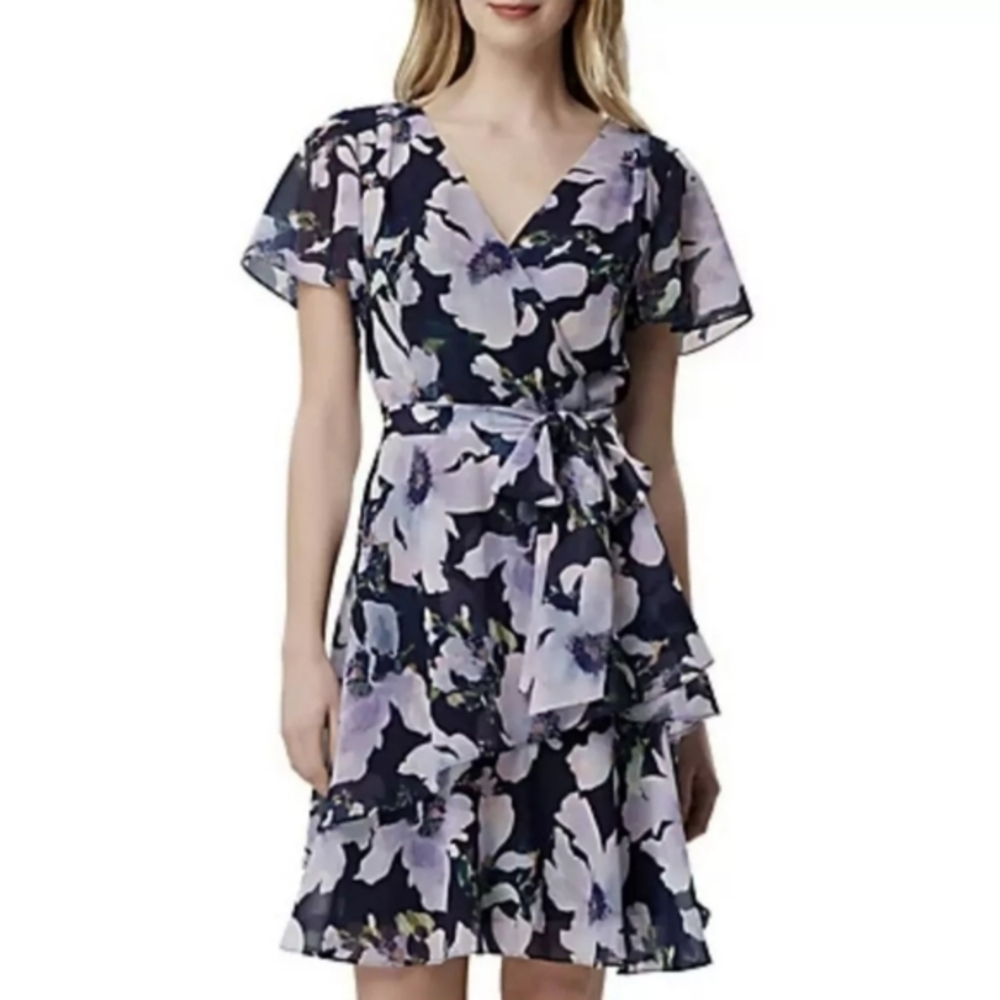 Tahari ASL Lavender Navy Floral Chiffon Fit And Flare Ruffled Tiered Dress